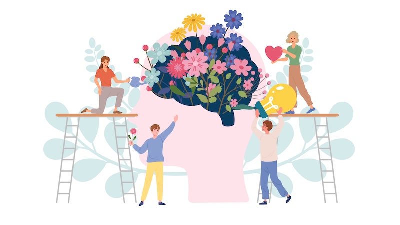 drawing of people planting flowers
