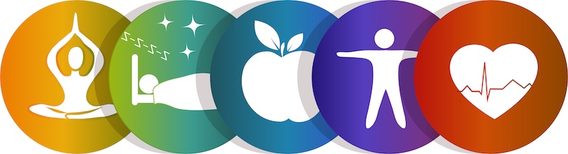 Five circles with icons of people doing yoga, sleeping, an apple, human body, and a heart